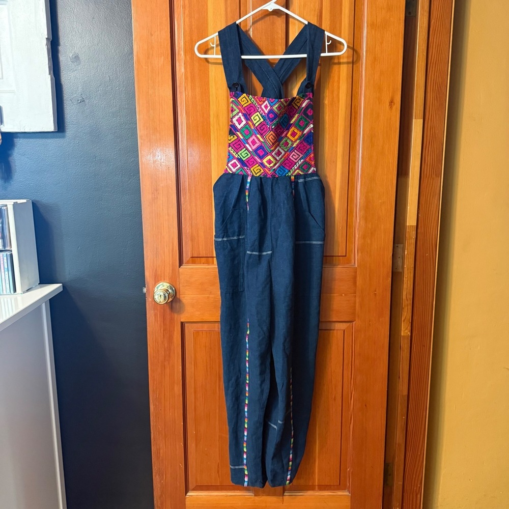 Handmade Embroidered Boho Overalls Womens Medium Blue Multicolor Excellent